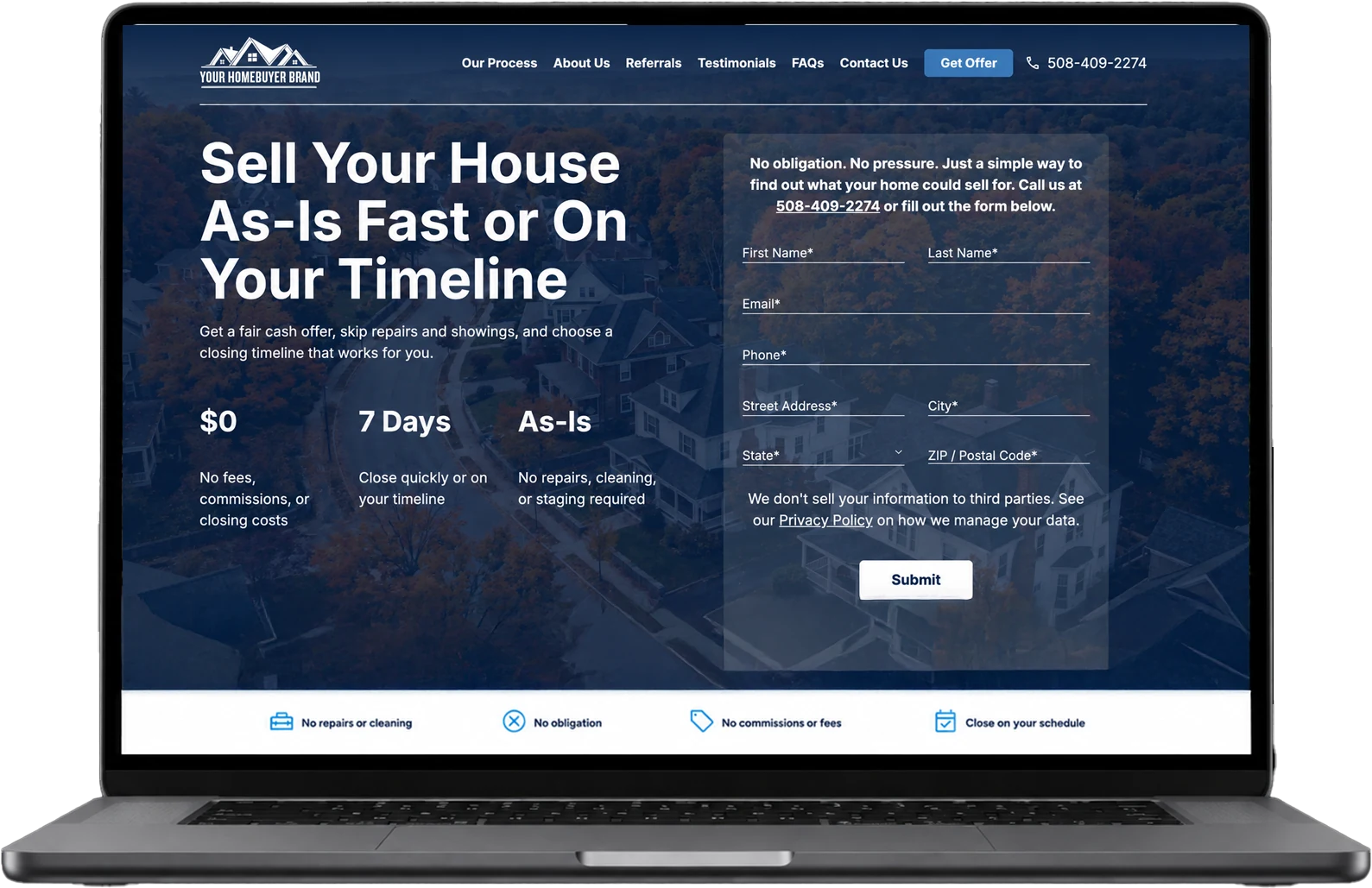 Example Pylot homebuyer website on a laptop, with a headline offering to buy houses as-is, a seller lead form, and benefits like no fees and closing in 7 days