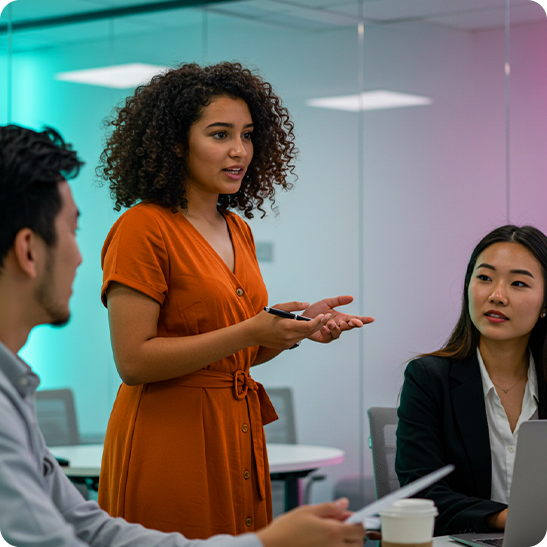Marketer presenting ideas to colleagues in a meeting room