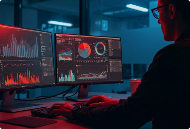 Analyst reviewing marketing performance dashboards on two monitors