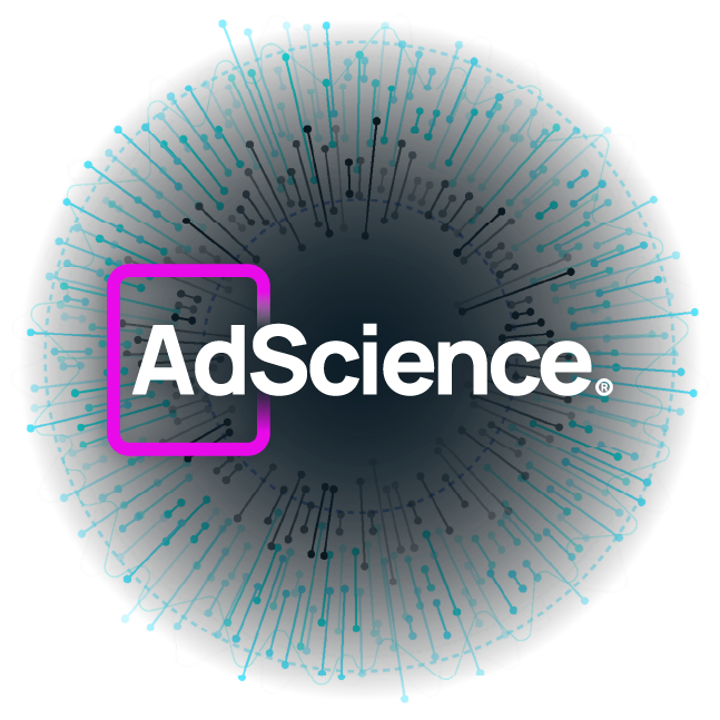 AdScience logo surrounded by a radial data visualization