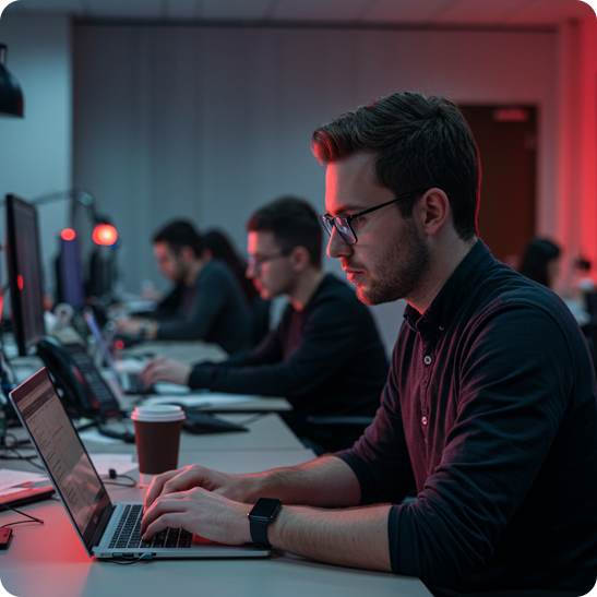 Marketer working on a laptop in an open office with teammates