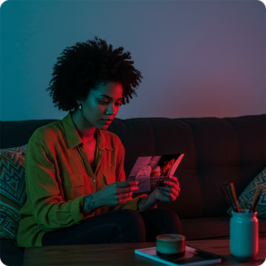 Woman reading a printed mailer while sitting on her couch