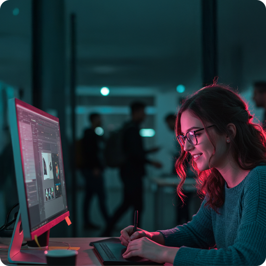 Designer smiling while working on a tablet and large monitor in a studio