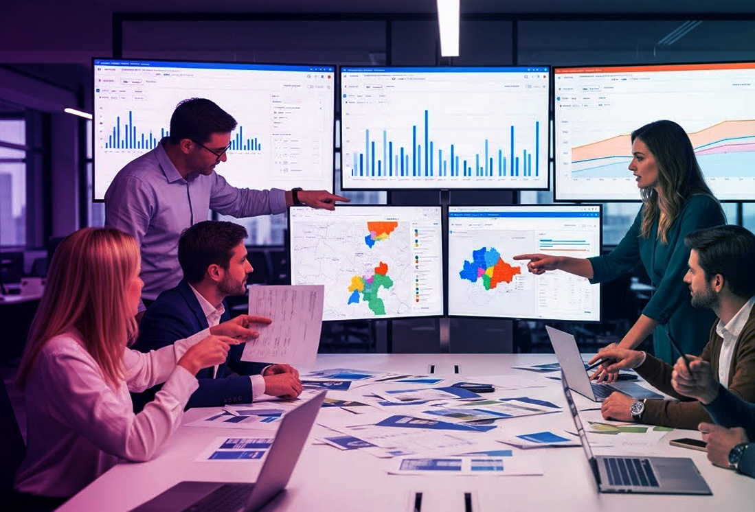 Team reviewing maps and performance charts across a wall of screens