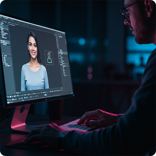 Designer building a digital virtual influencer avatar on a desktop monitor
