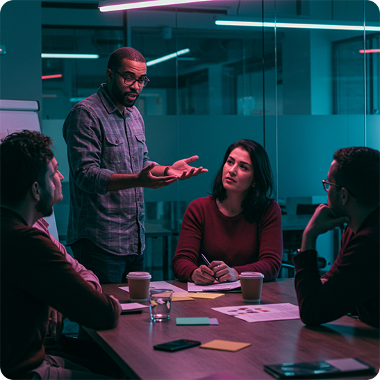 Strategist leading a discussion with colleagues around a meeting table