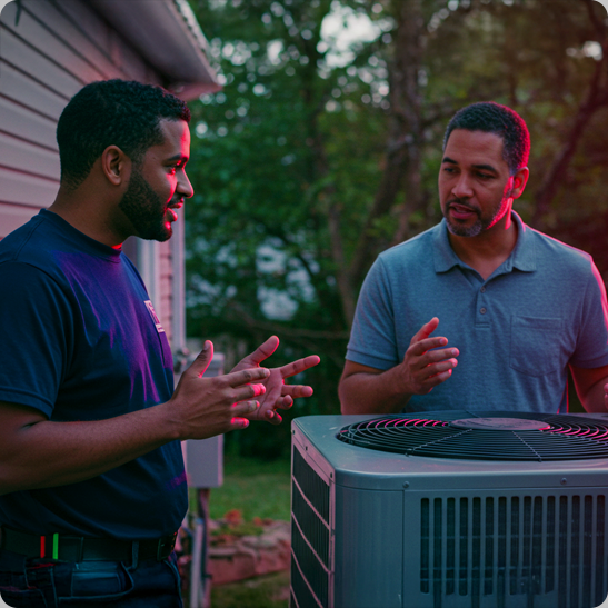 HVAC technician talking with a homeowner beside an outdoor AC unit