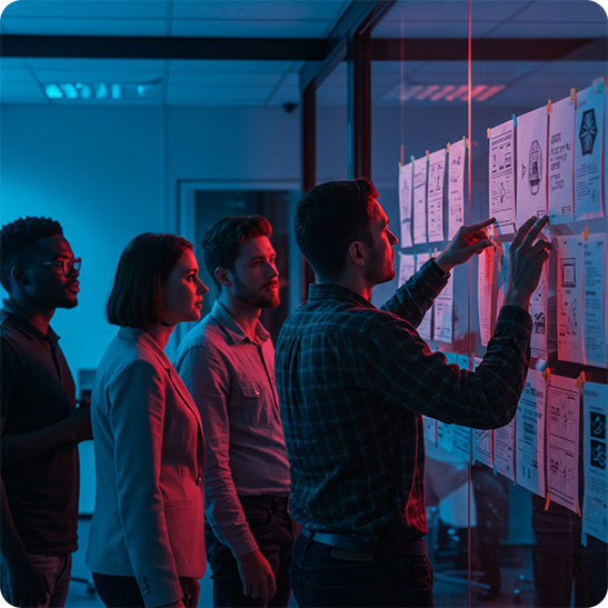 Marketing team reviewing campaign concepts pinned to a glass wall