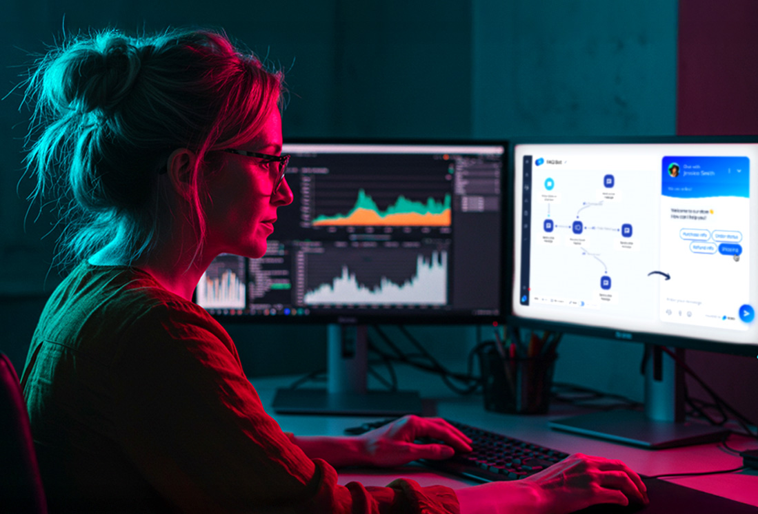 Marketer reviewing analytics and local search dashboards on two monitors