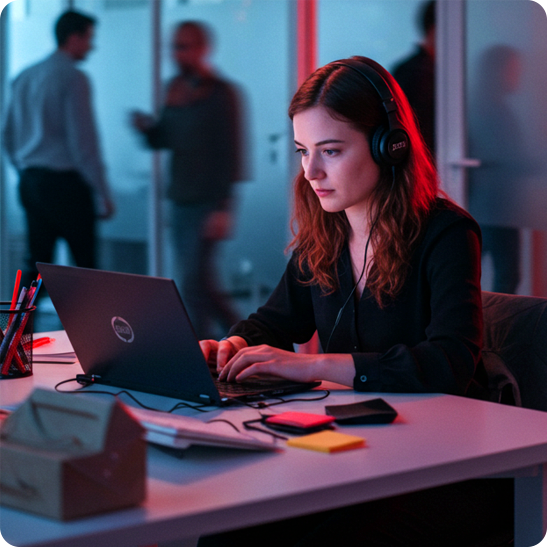Developer wearing headphones working on a laptop in an office