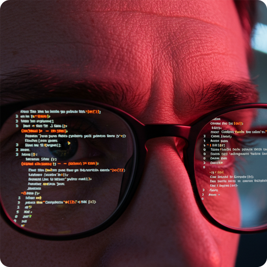 Developer with lines of code reflected in his glasses