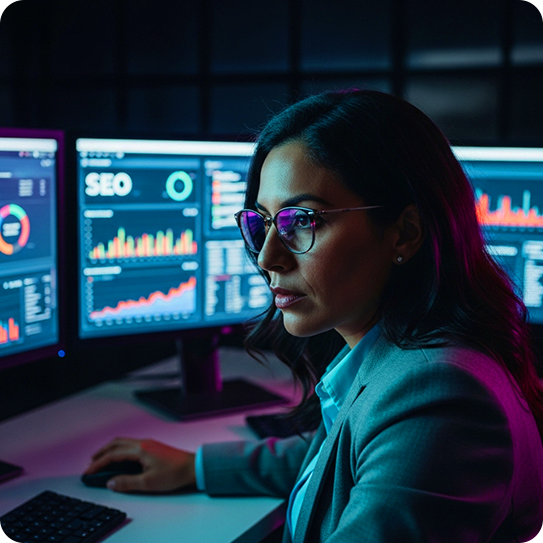 Marketer reviewing SEO performance dashboards on multiple monitors