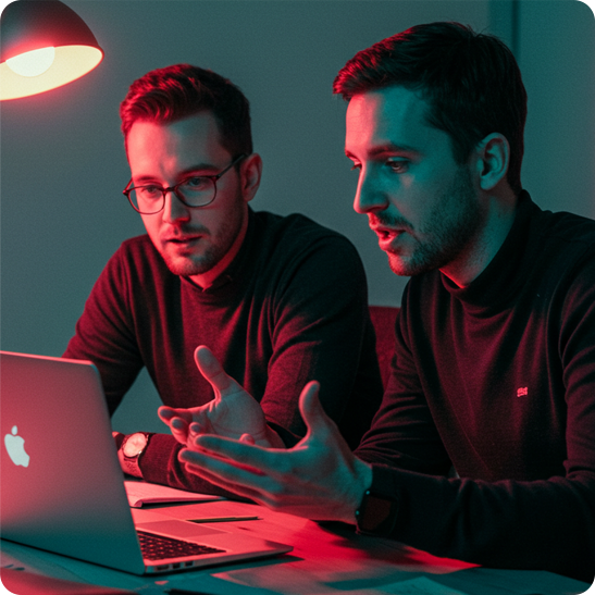 Two colleagues discussing ideas at a laptop