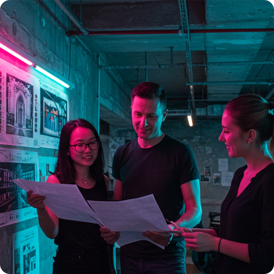 Three colleagues reviewing printed ad layouts together
