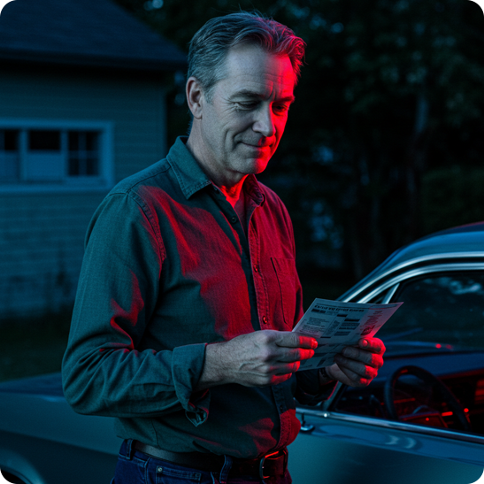 Man reading a mail piece next to his car at home
