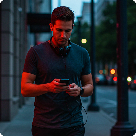 Man checking his phone while walking on a city sidewalk