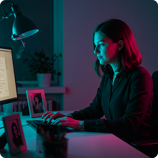 Woman typing at a desktop computer in a home office