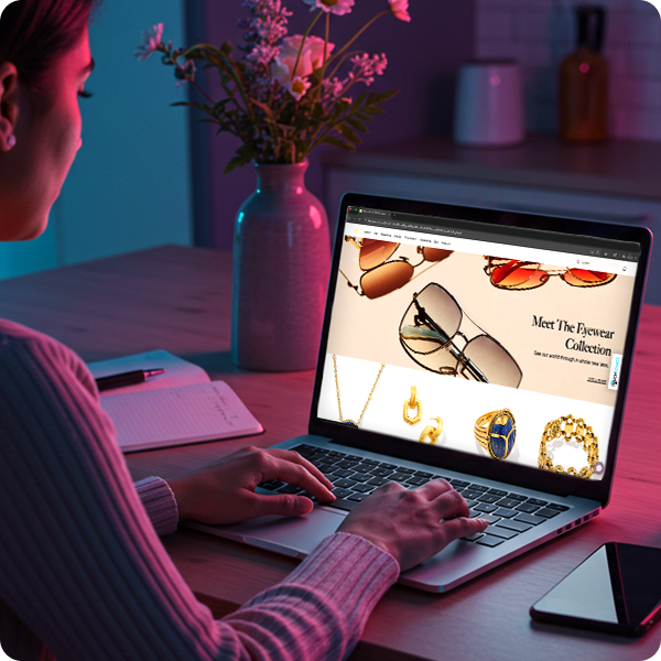 woman viewing a mall website on a laptop at a desk with flowers on it