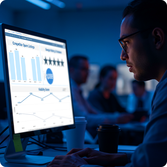 Analyst viewing a local search dashboard with rating and visibility score charts