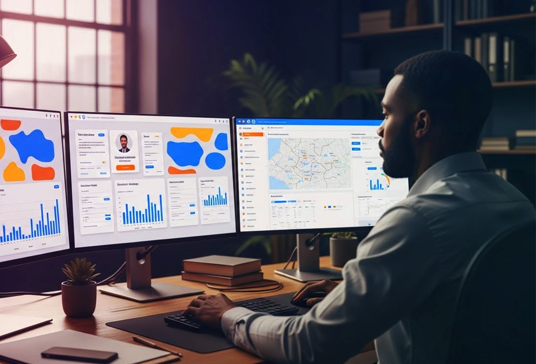 Marketer reviewing local search maps and analytics across three monitors