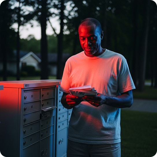 Homeowner reading his mail beside a neighborhood mailbox cluster