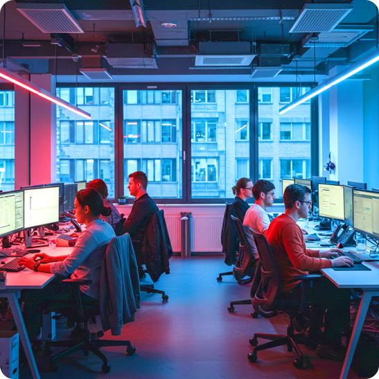 Team working at computer workstations in an open office