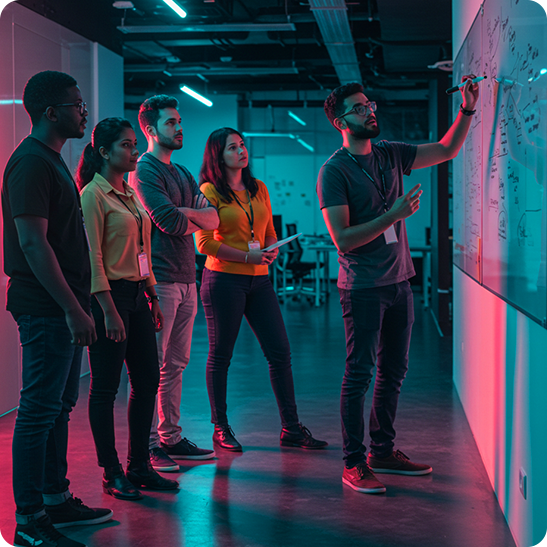 Team gathered around a whiteboard as a colleague maps out a plan