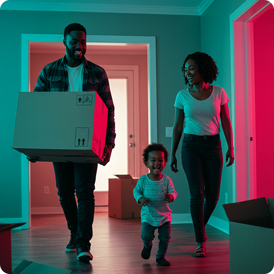 Family moving into a new home, carrying boxes
