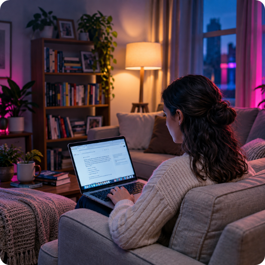 Woman researching on a laptop at home