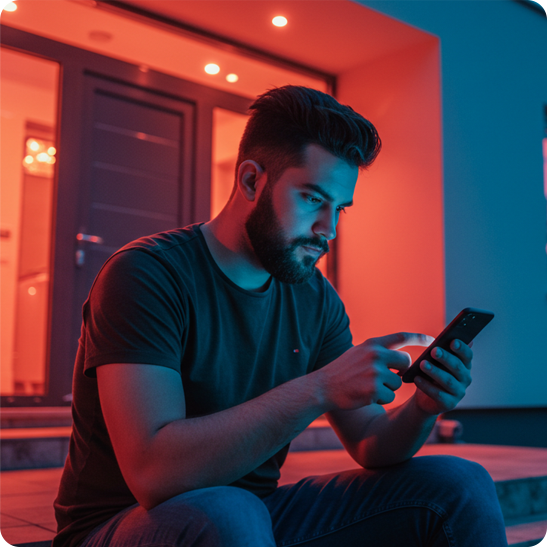 Man reading on his phone while sitting outside a building