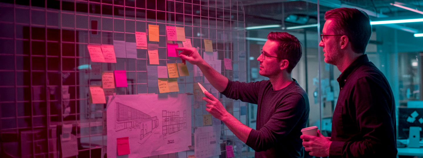 Two men working on sticky notes