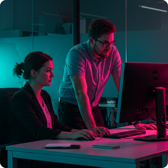 Two marketers working together at a desktop computer in a neon-lit office