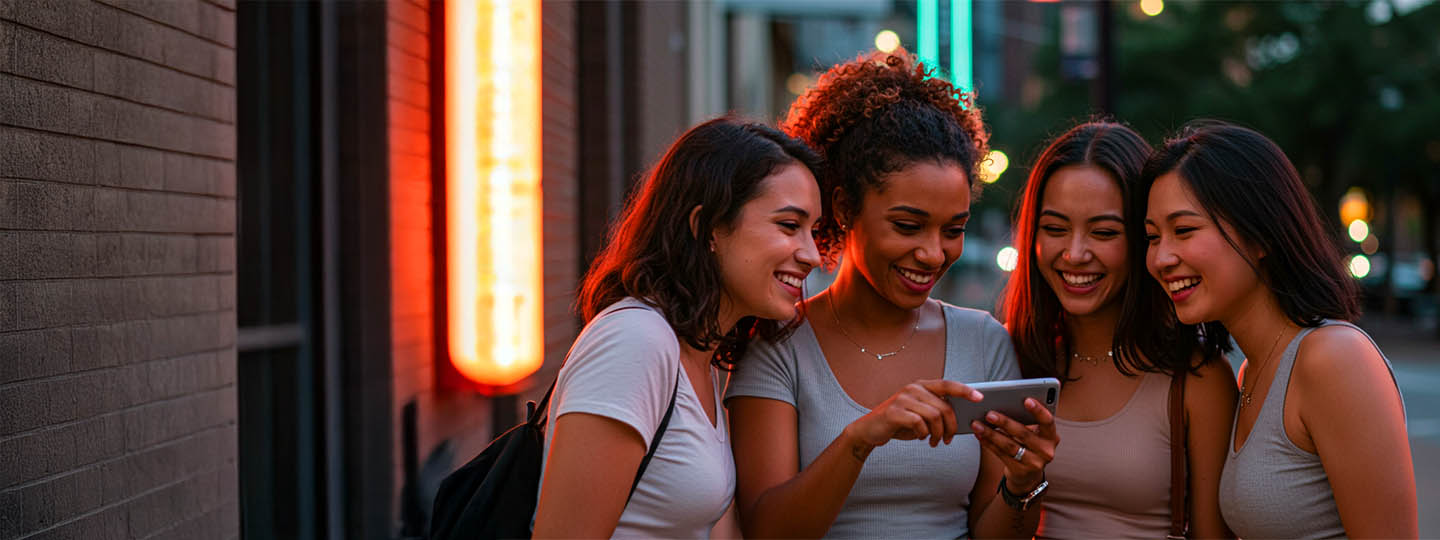 4 girls watching phone and smiling