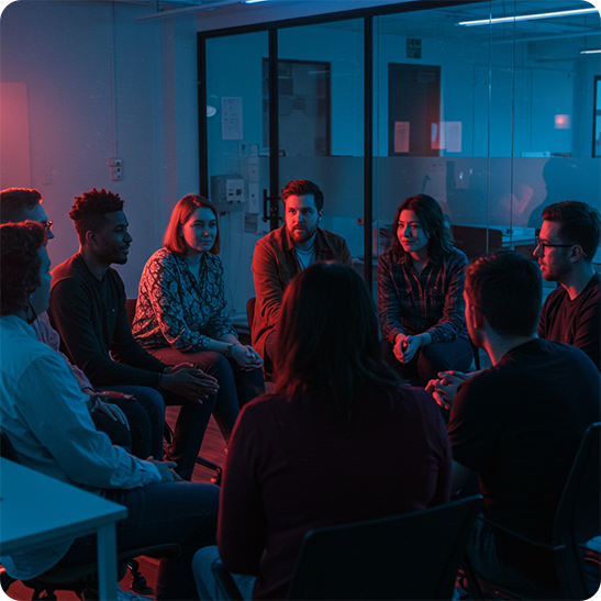 Team gathered in a circle for a brand strategy workshop