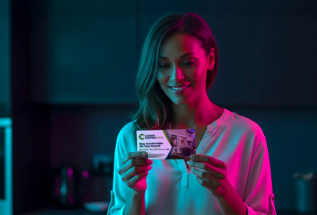Woman smiling at a direct mail postcard she received