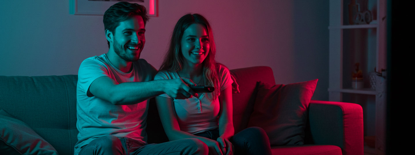 couple laughing and watching tv