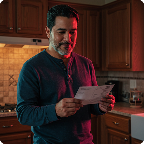 Homeowner reading a direct mail piece in his kitchen