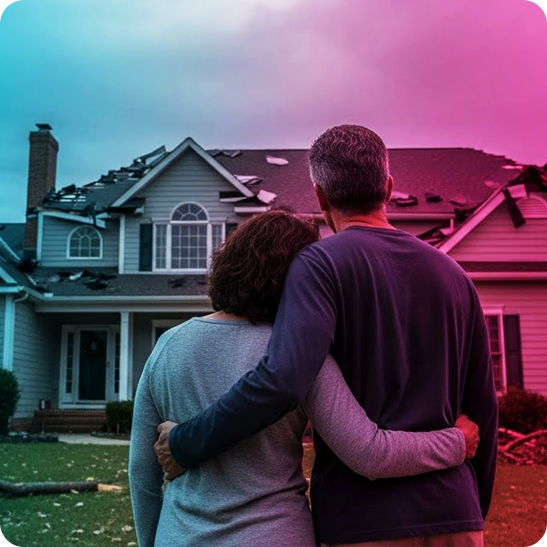 Homeowners embracing while looking at their storm-damaged roof