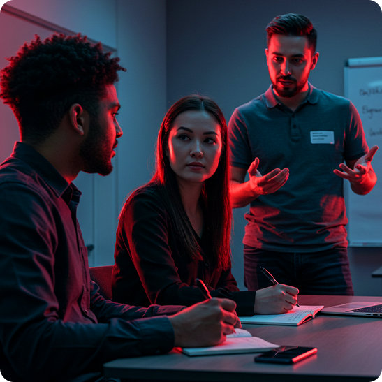 Colleagues discussing a campaign concept around a meeting table