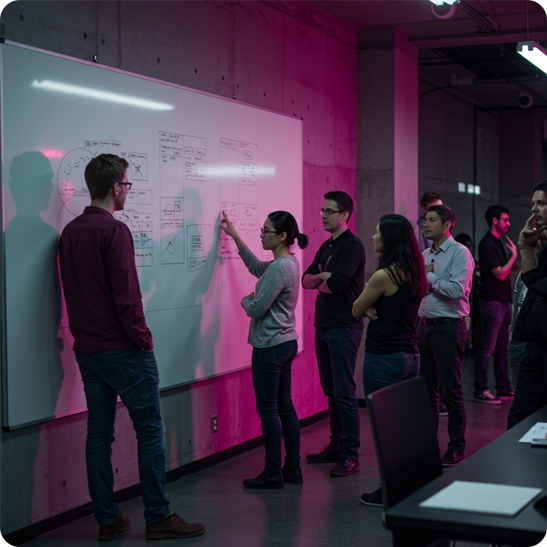 Team mapping ideas on a whiteboard wall in an office