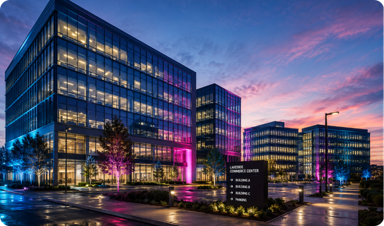 Modern commercial office buildings lit up at dusk