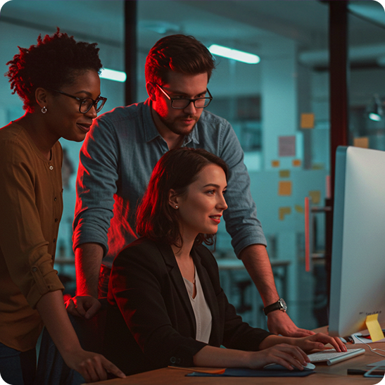 Three colleagues reviewing a campaign together at a desktop computer in an office