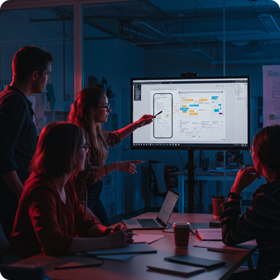 Team reviewing a mobile app wireframe on a large screen