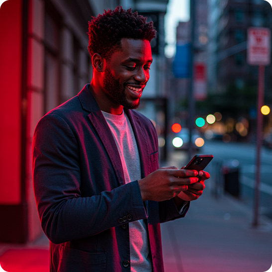 Man smiling at his smartphone on a city street