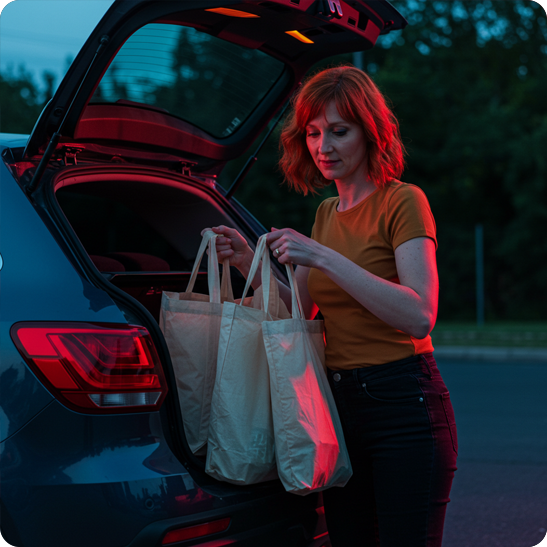 Shopper loading reusable bags into the back of her car
