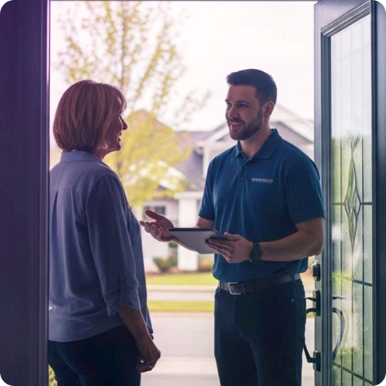 Contractor reviewing a tablet with a homeowner at her front door