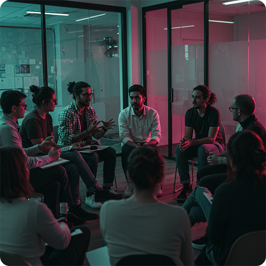 Creative team seated in a circle during a brand workshop