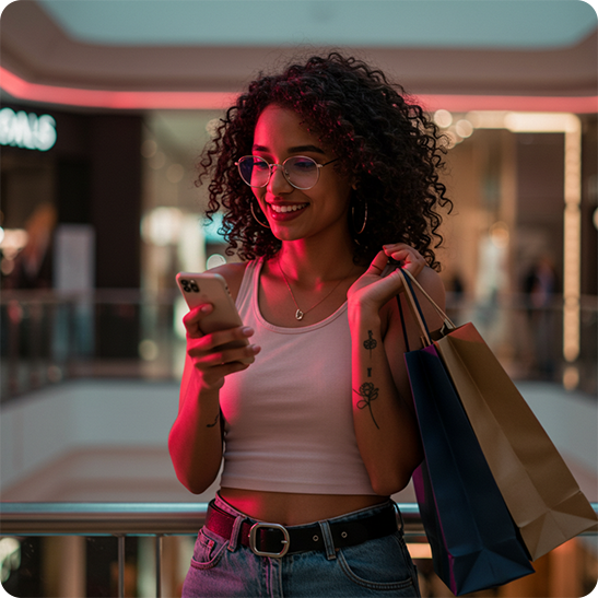 Shopper with bags smiling at a text message on her phone in a shopping center