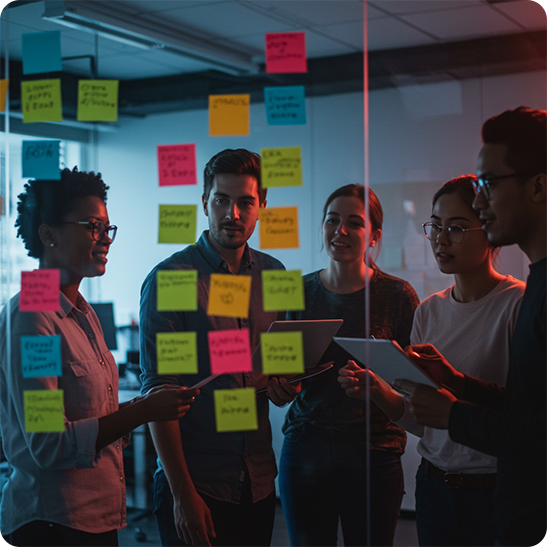 Content team brainstorming with sticky notes on a glass wall