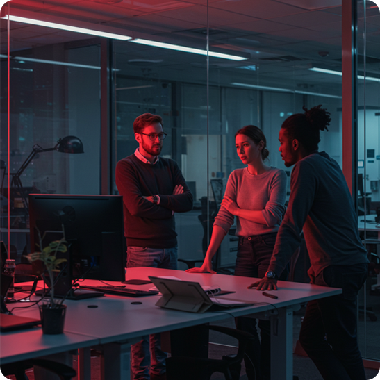 Three colleagues discussing data in an office at night
